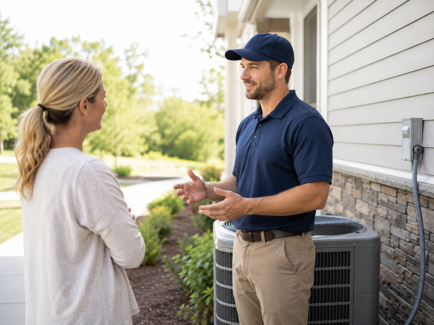 HVAC technician discussing AC repair costs with a homeowner beside an outdoor air conditioner unit