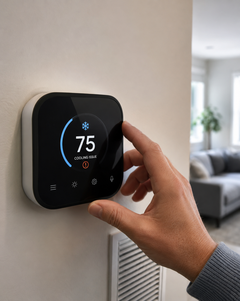 Modern thermostat showing a cooling issue inside a home