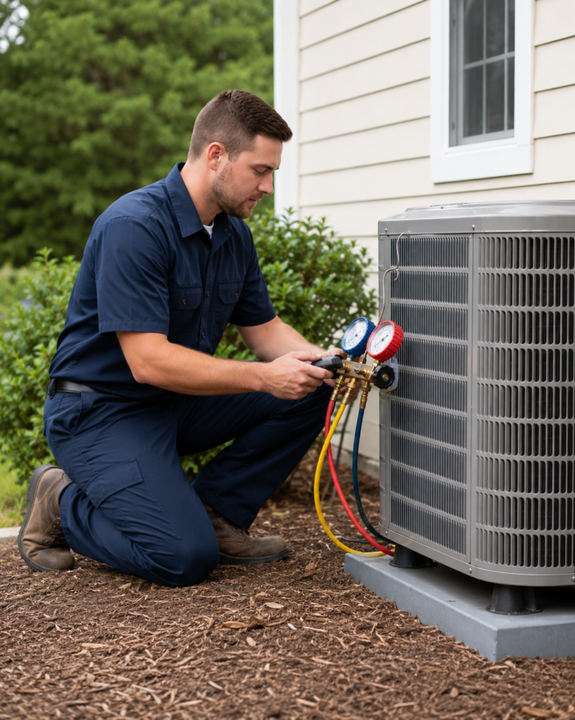 HVAC technician inspecting an outdoor air conditioner unit