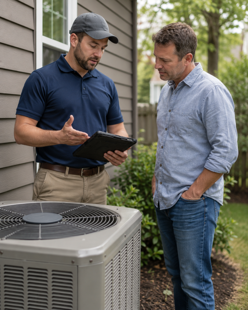 HVAC technician discussing air conditioner replacement options with a homeowner