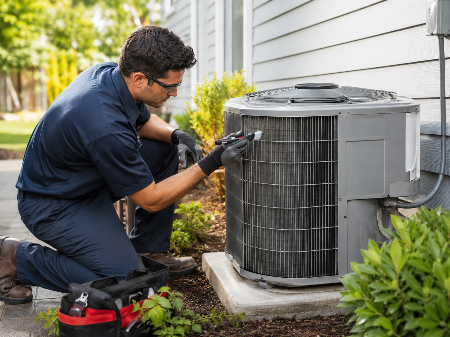 HVAC technician cleaning an outdoor air conditioner unit during maintenance