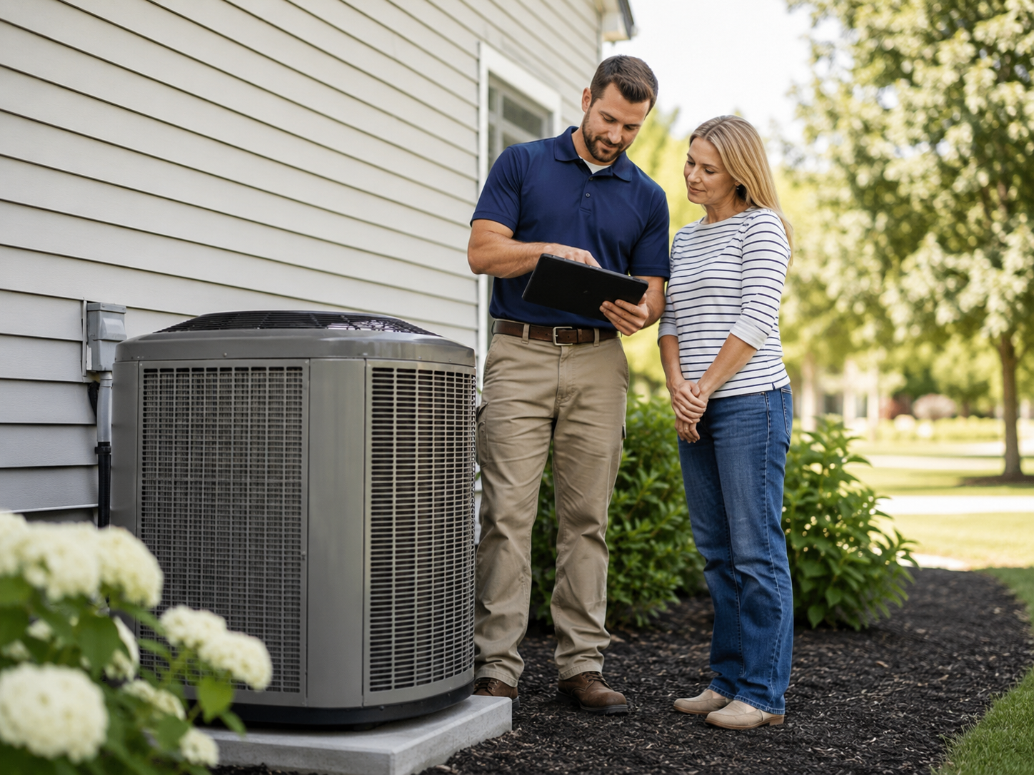HVAC technician explaining AC repair and replacement options to a homeowner beside an outdoor air conditioner