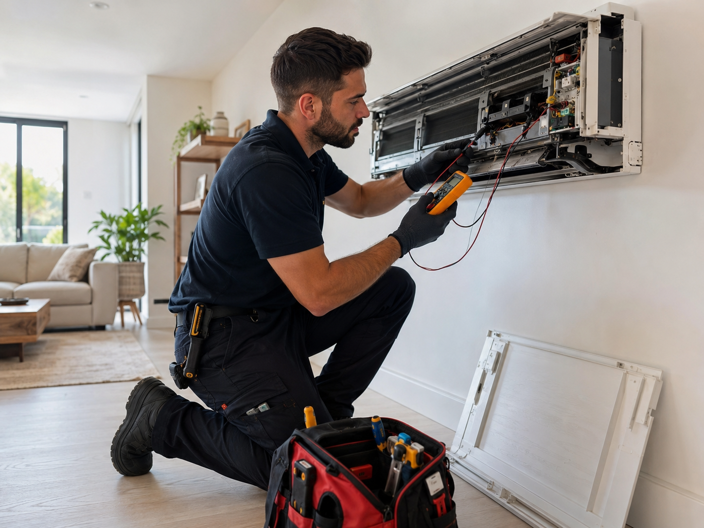 HVAC technician repairing an indoor air conditioner unit with testing tools