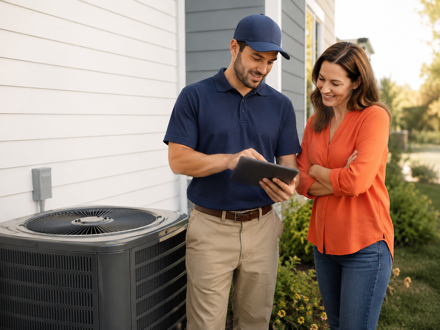 HVAC technician showing AC repair information to a homeowner beside an outdoor air conditioner unit