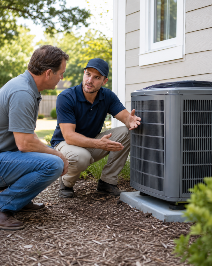 HVAC technician explaining AC repair options to a homeowner beside an outdoor air conditioner