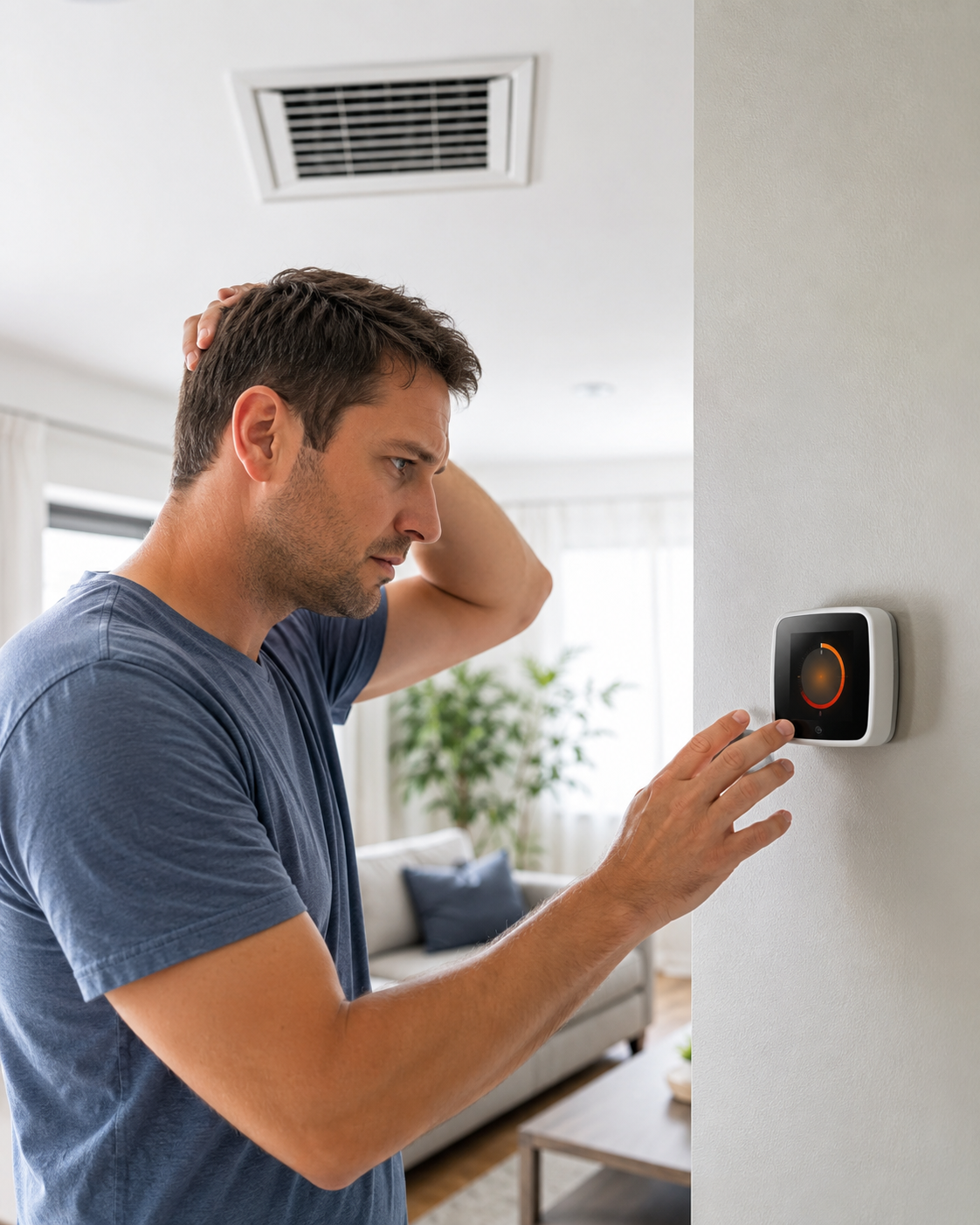 Homeowner checking a thermostat for an AC cooling problem inside a home