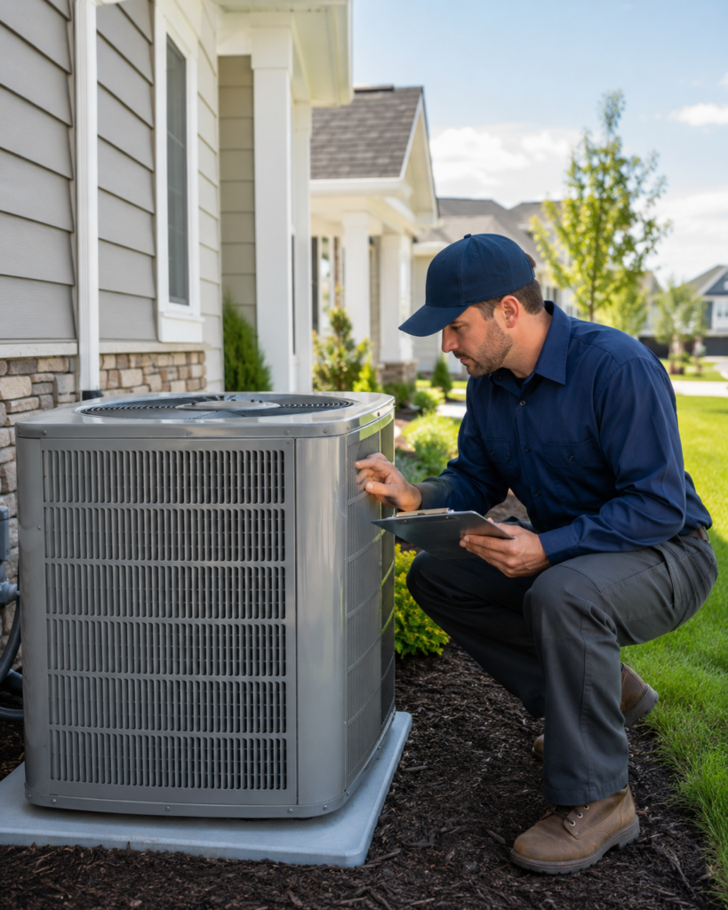 HVAC technician inspecting an outdoor air conditioner unit for repair cost assessment