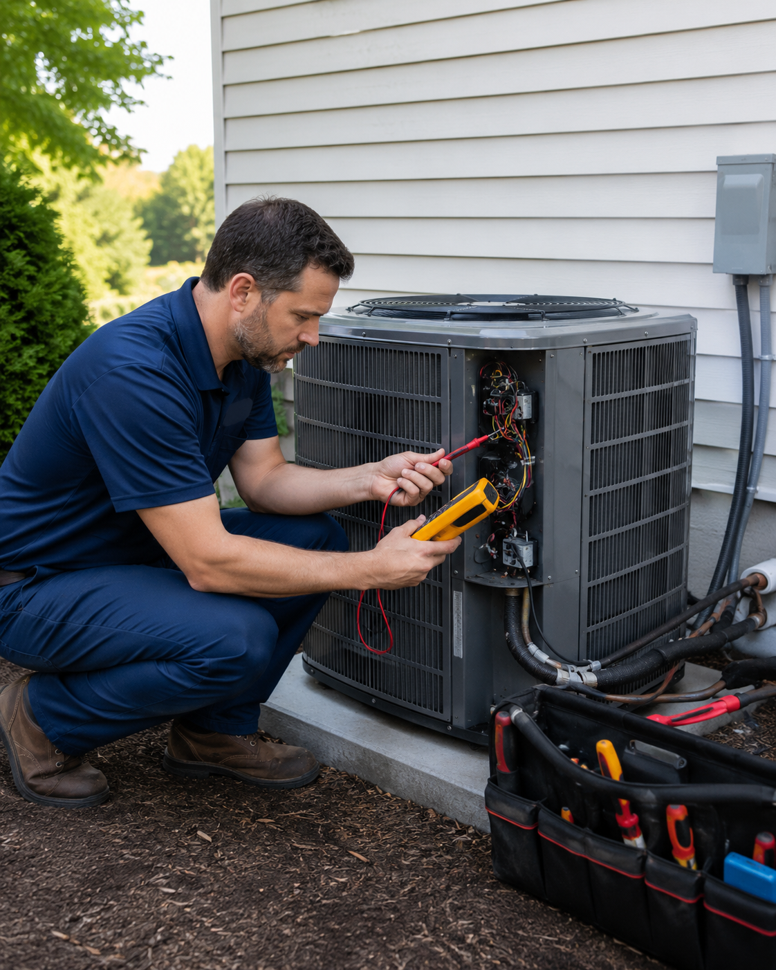 HVAC technician testing an outdoor air conditioner unit during an AC repair inspection